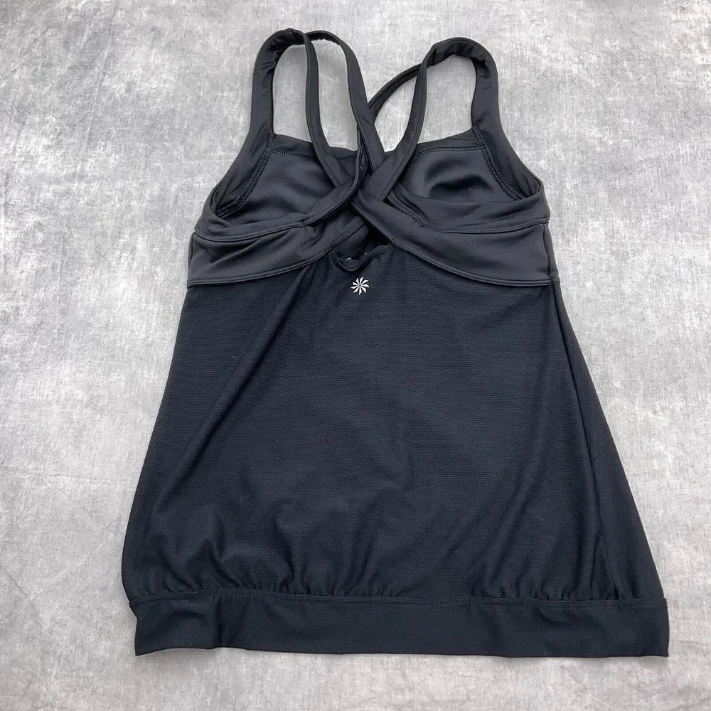 Athleta Tankini Top Women Medium Black Blouson Mesh Double Cross Pads Bra Swim‎